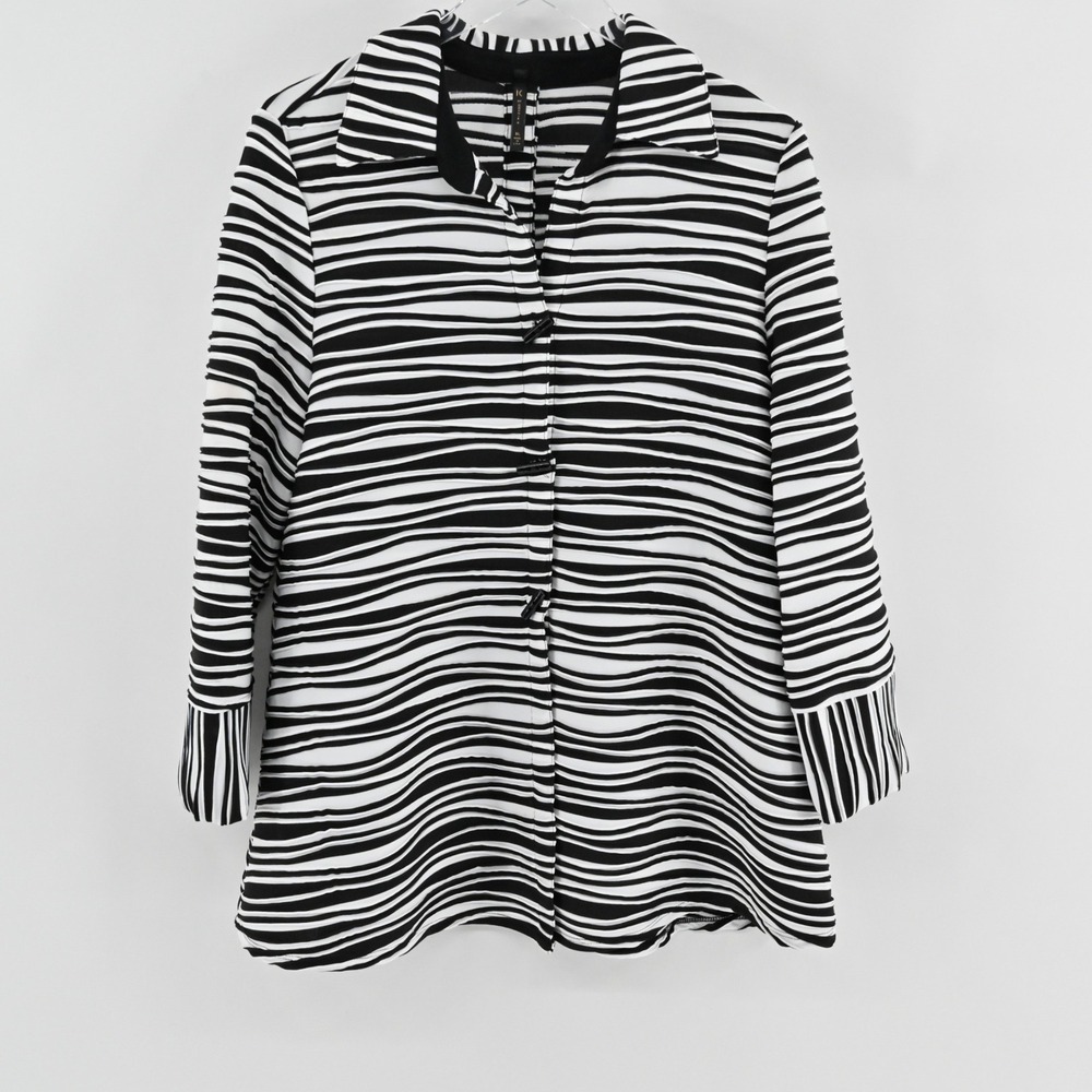 IC by Connie K Striped Button Up Jacket Womens Size XL Black White Artsy 6641J